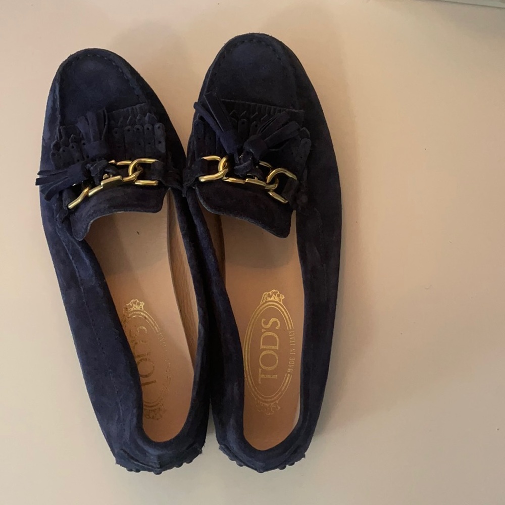 Navy suede Tods with gold detail buckle